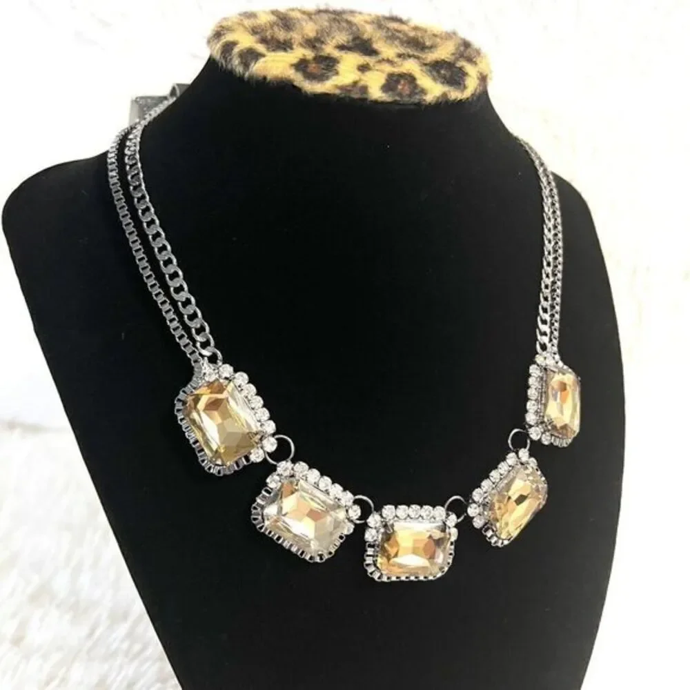 FAUX CITRINE RHINESTONE GLASS SILVER TONE CHOKER DOUBLE CHAIN NECKLACE 16.5